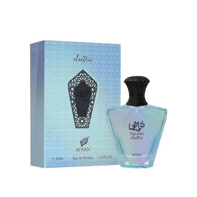 Botol Afnan Turathi Electric berwarna biru muda dengan tutup hitam, di samping kotak bertuliskan Electric 90 ml.
