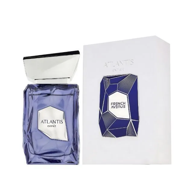 Botol French Avenue Atlantis Extrait biru keunguan dengan kotak putih